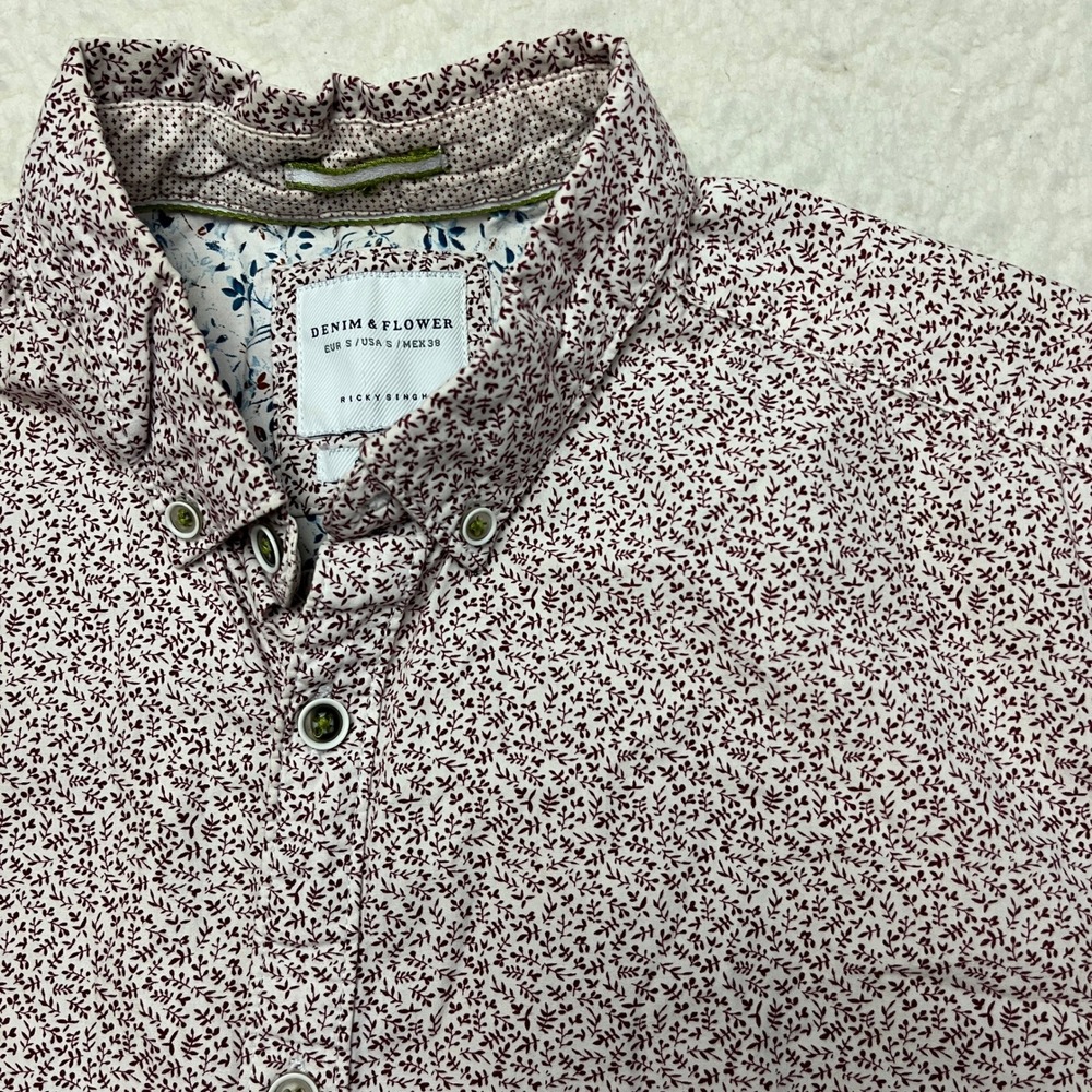 Denim & Flower Button Down Mens Small White Floral Ricky Singh Slim Fit